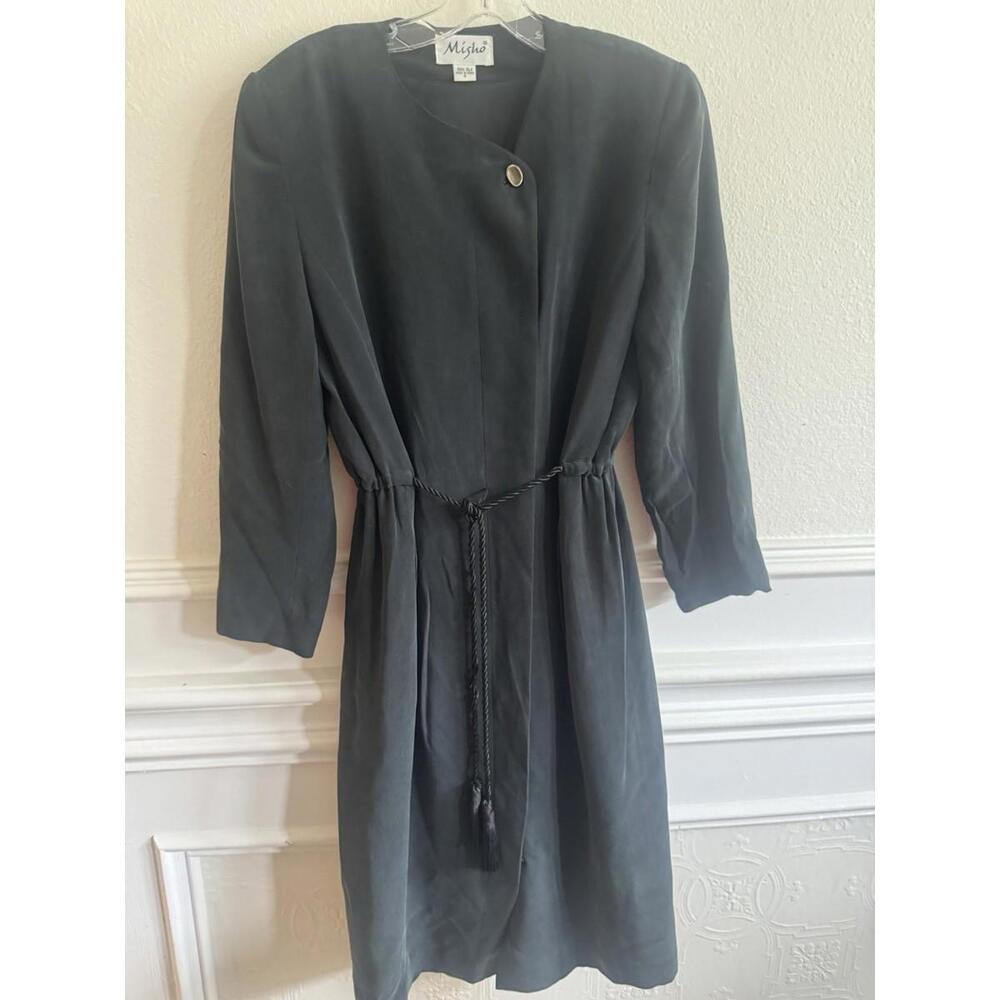 Vintage 100% Silk Long Sleeve Shirt Dress Sz 6 Shell/Lined Misho Black Belt